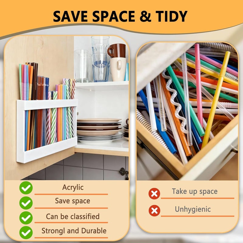 NTIERA 9.5" Large Acrylic Straw Holder for Cabinet Door-Reusable Tumbler Straw Organizer Storage,Small Kitchen Organizers and Storage Accessories Container, Ultra Sticky Cupboard Door Mounted(White) - Image 3